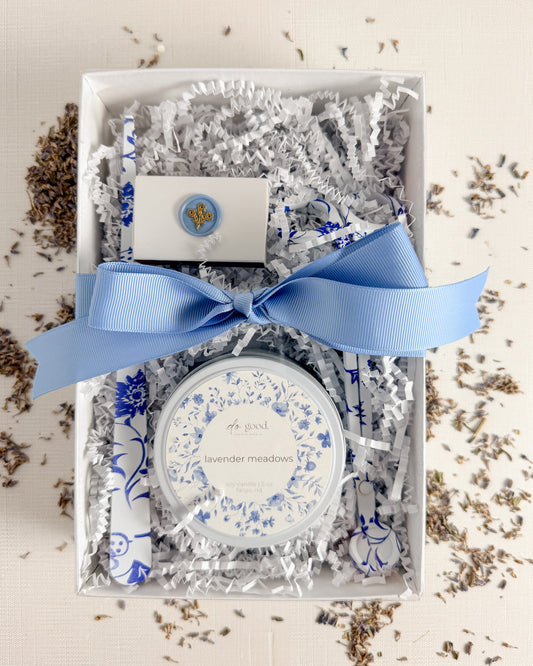 Lavender Meadows Candle Gift Set — Hand-Poured Candle & Care Kit | Spa Self-Care Gift for Her